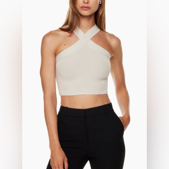 Aritzia Tops - Aritzia Babaton Sculpt Knit Criss Cross Cropped Tank size 2XSmall Matte Pearl